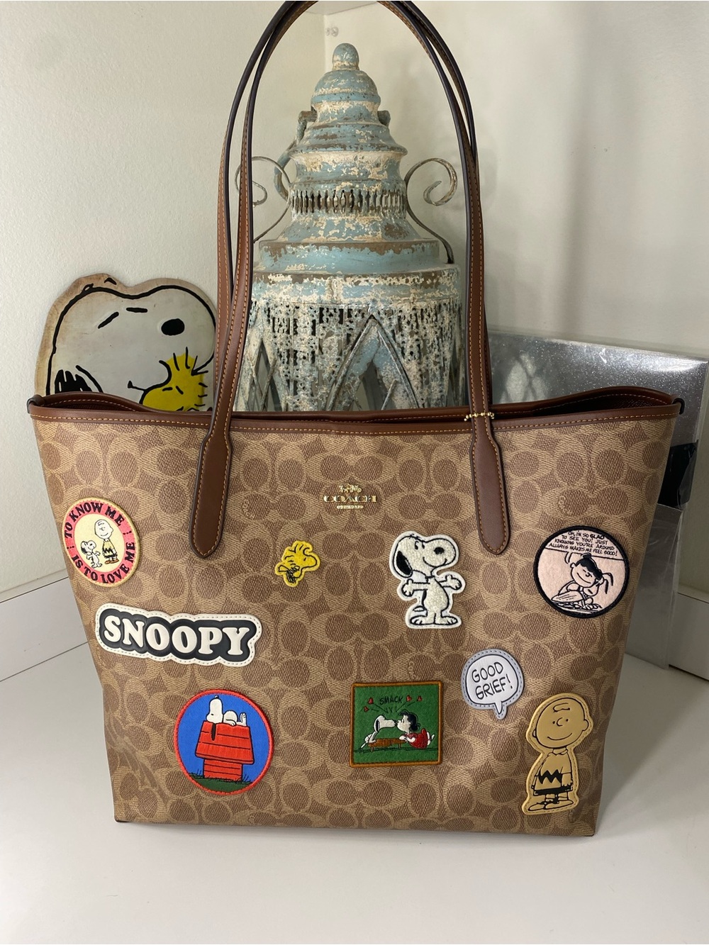 Coach x Peanuts Snoopy Brown Signature Canvas City Tote
